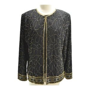 JMD New York Vintage
Womens Beaded Jacket Lined Black SIlver Gold cocktail top
M